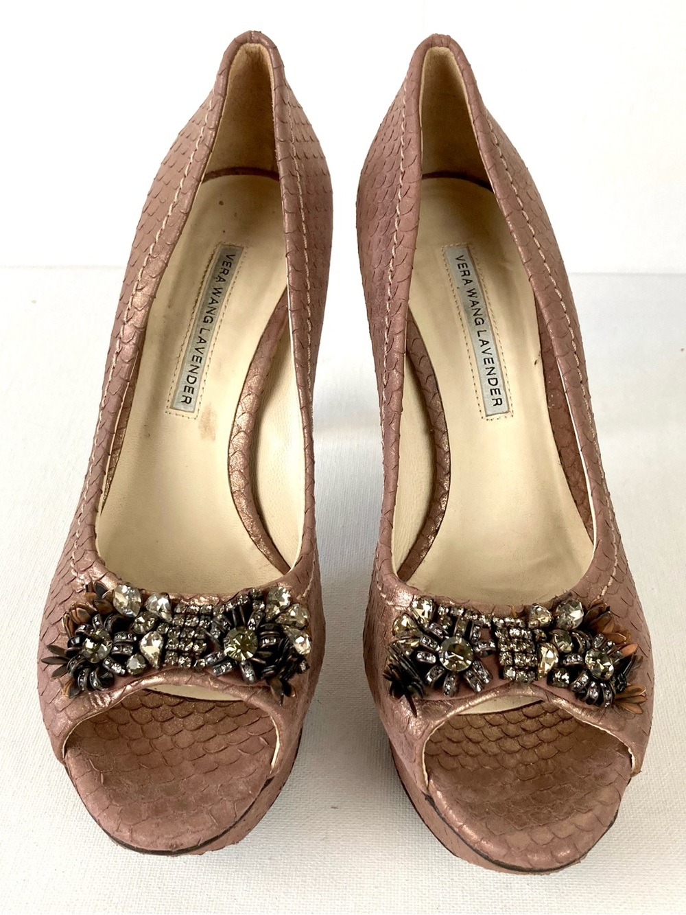 Vera Wang Metallic Blush Pink Jeweled Peep-Toe Heels - Picture 5 of 7